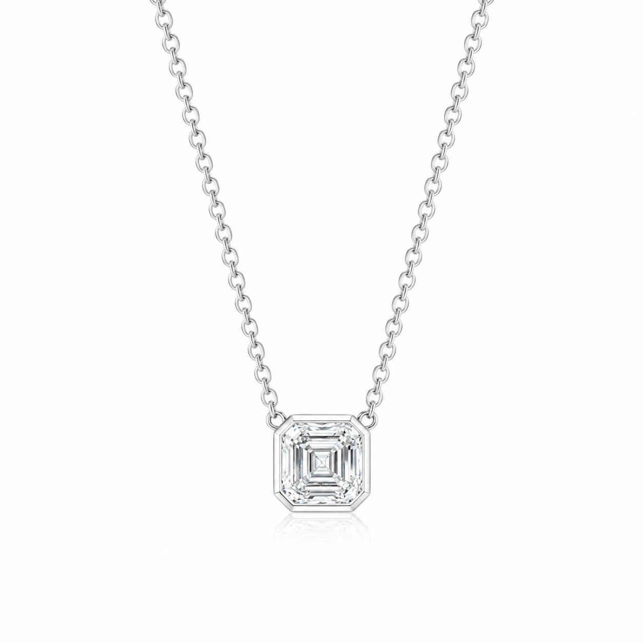 Bezel setting asscher cut lab grown diamond pendant necklace