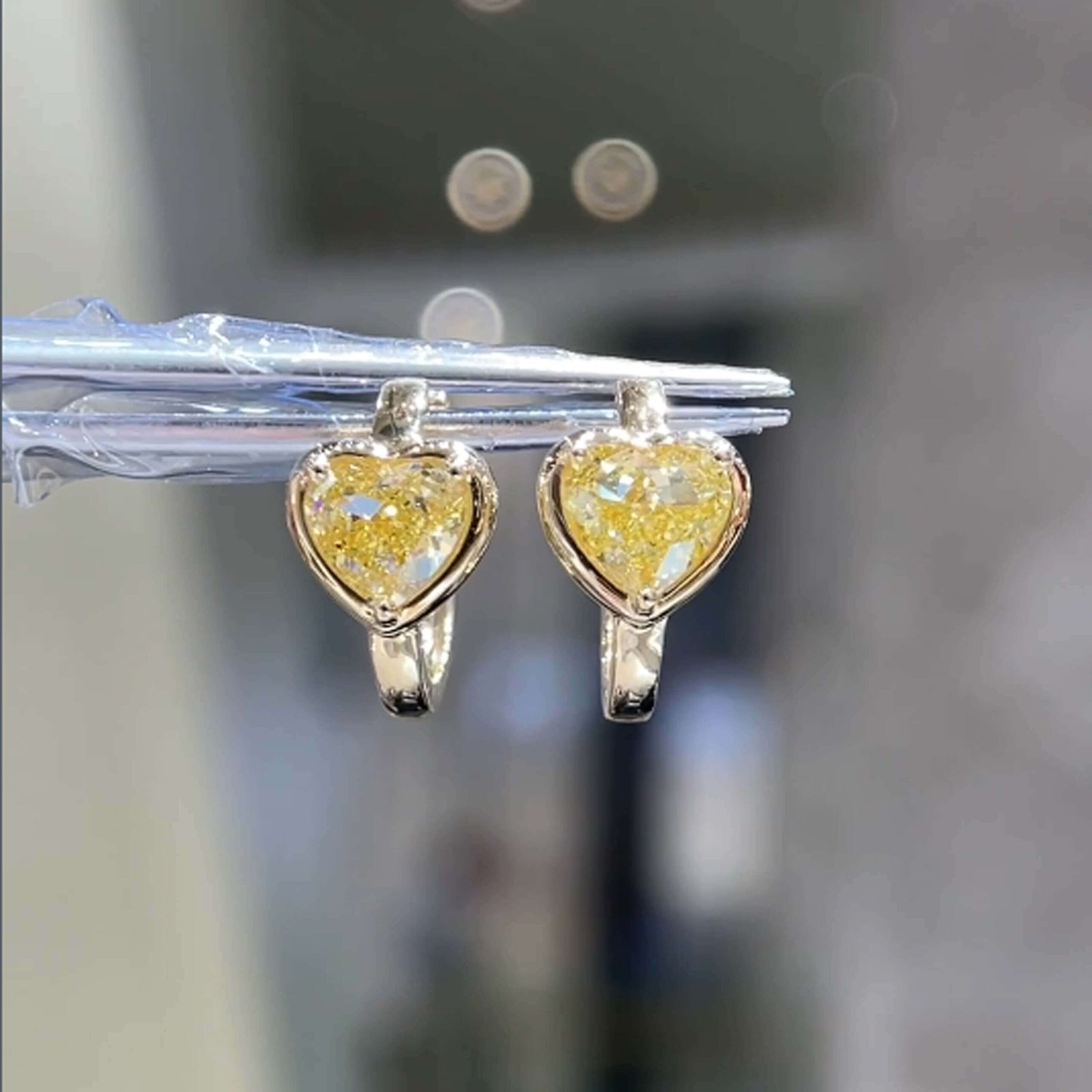 Bezel setting heart cut lab grown yellow diamond hoop earrings Bezel setting heart cut lab grown yellow diamond hoop earrings