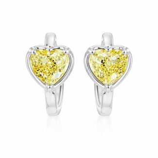 Bezel setting heart cut lab grown yellow diamond hoop earrings