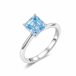 Nhẫn đính hôn kim cương xanh nhân tạo cắt kiểu Asscher.