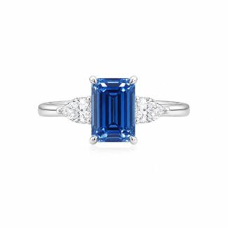 홈 30 Emerald cut lab grown blue diamond three stones engagement ring