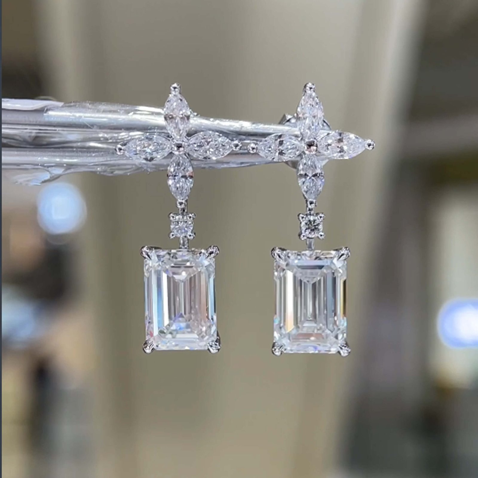Emerald cut sun-flower earrings stud