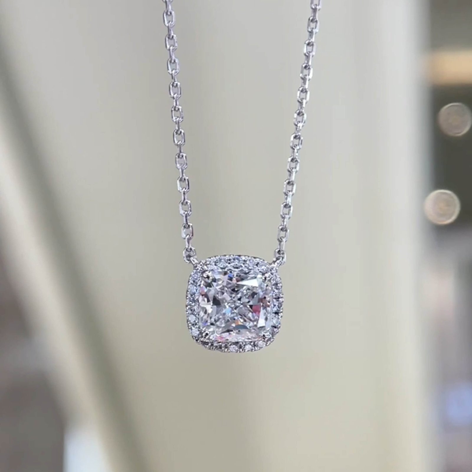 Halo setting cushion cut lab grown diamond pendant necklace