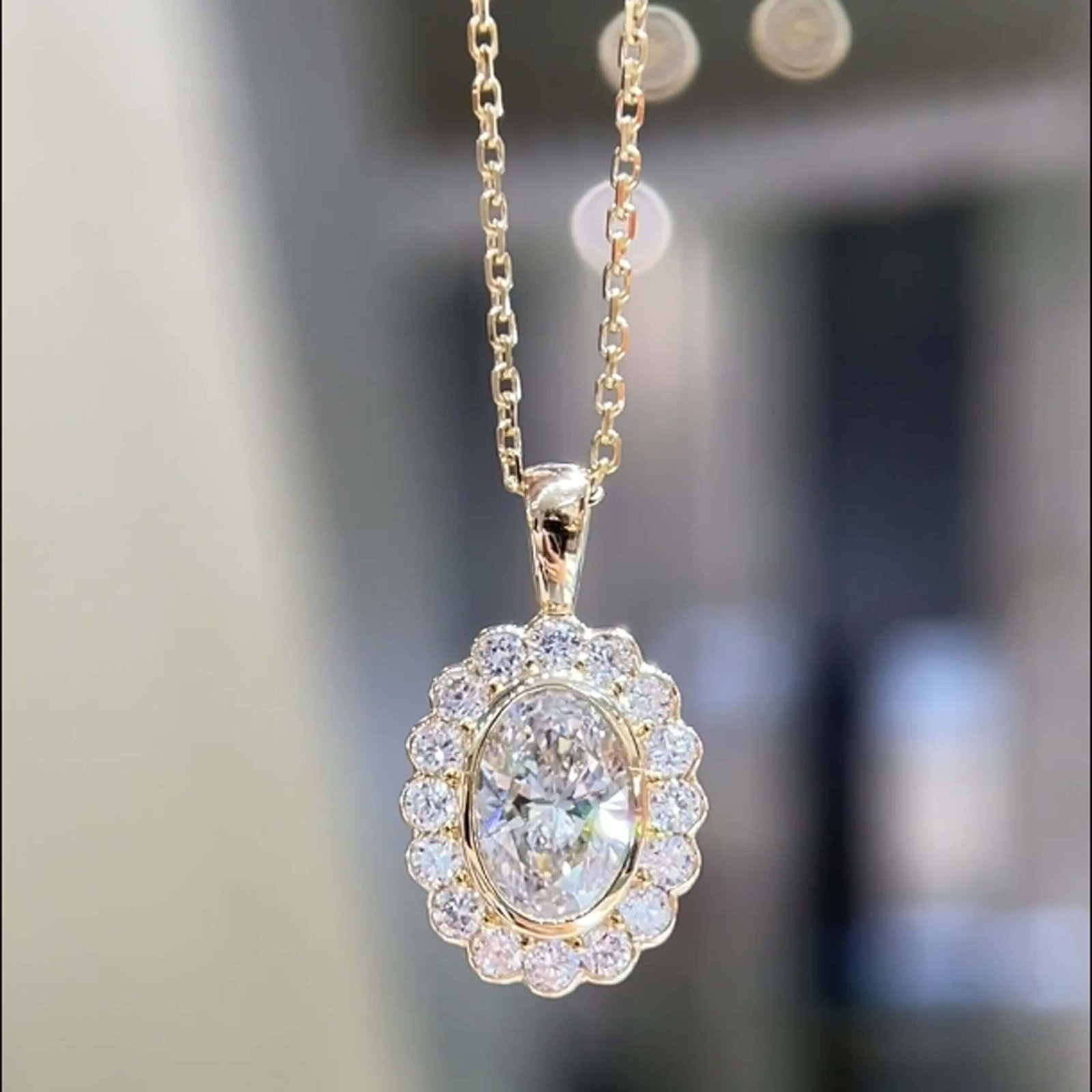 Halo setting oval cut lab grown diamond pendant necklace