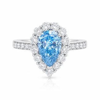 Halo setting pear cut lab grown blue diamond engagment ring