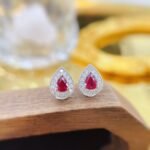 Halo setting pear cut lab grown ruby earrings stud 2 Halo setting pear cut lab grown ruby earrings stud