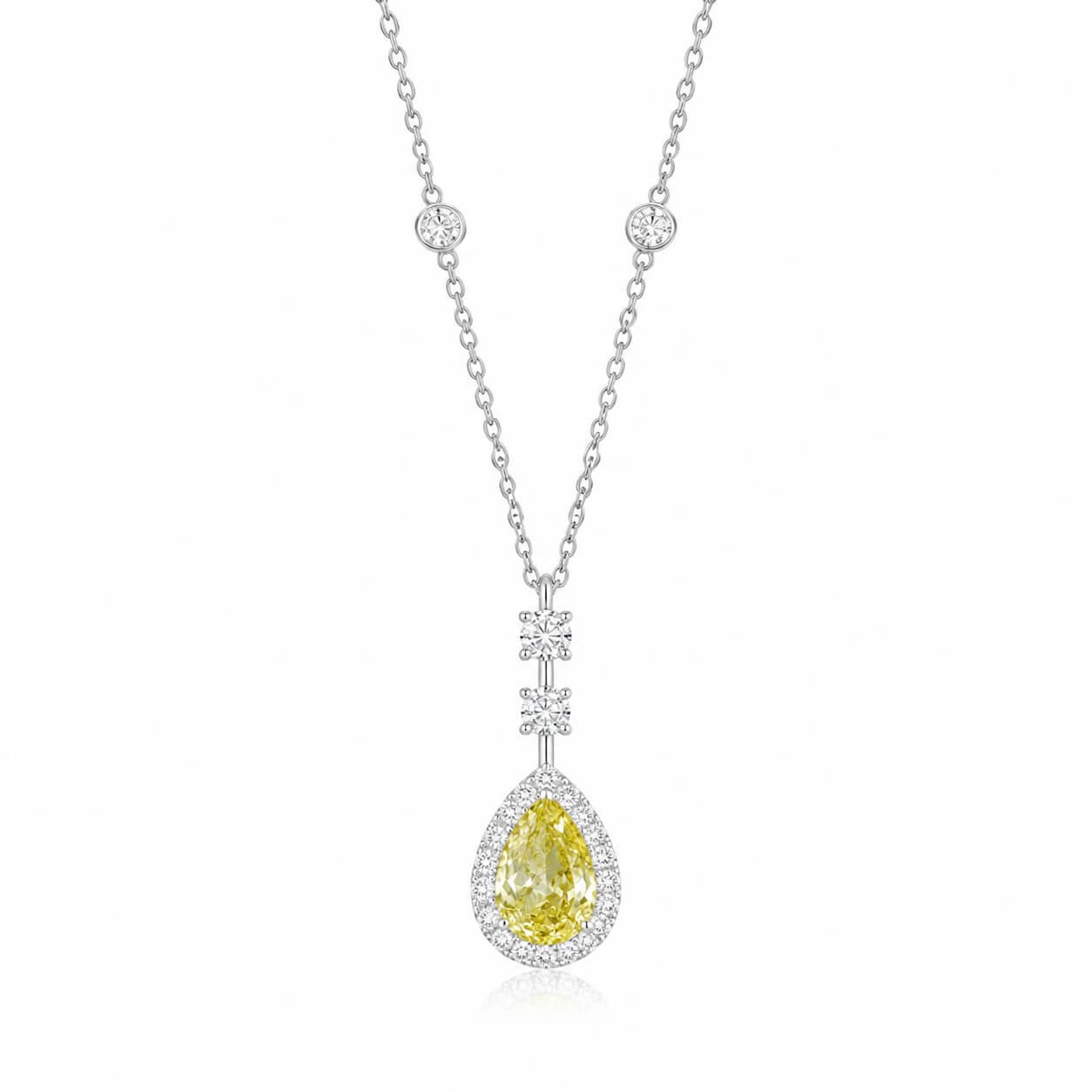 Halo setting pear cut lab grown yellow diamond necklace