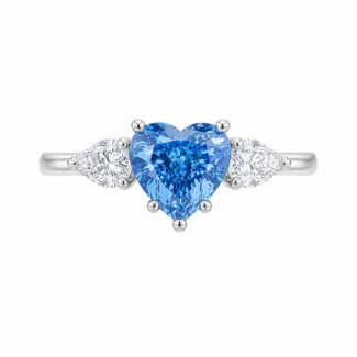 Heart cut lab grown blue diamond three stones engagement ring