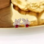 Leaves design oval cut lab grown ruby earrings stud 3 Leaves design oval cut lab grown ruby earrings stud