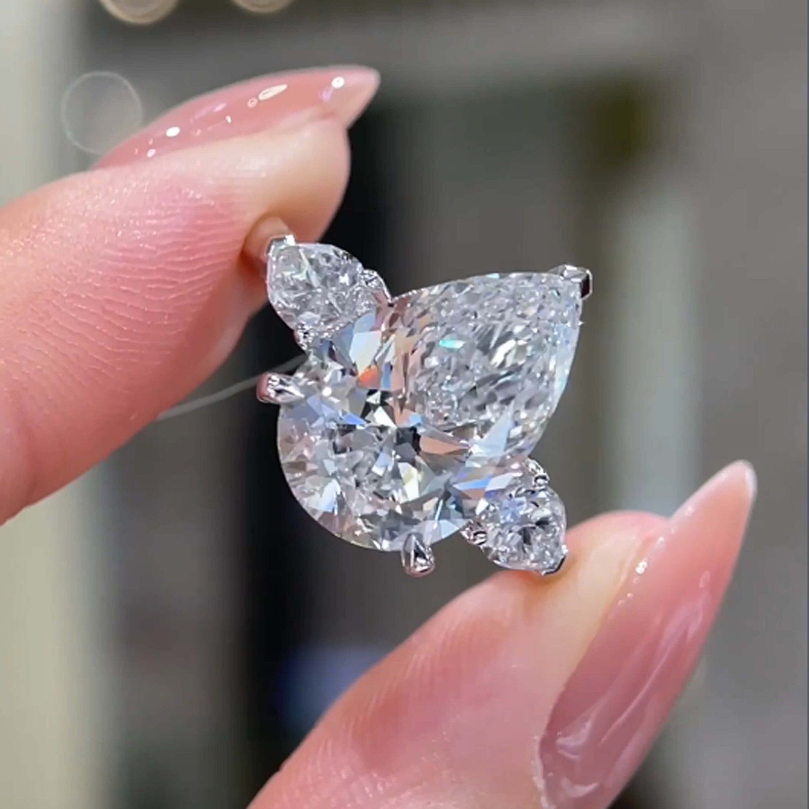 Pear cut lab grown diamond three stones engagement ring Pear cut lab grown diamond three stones engagement ring