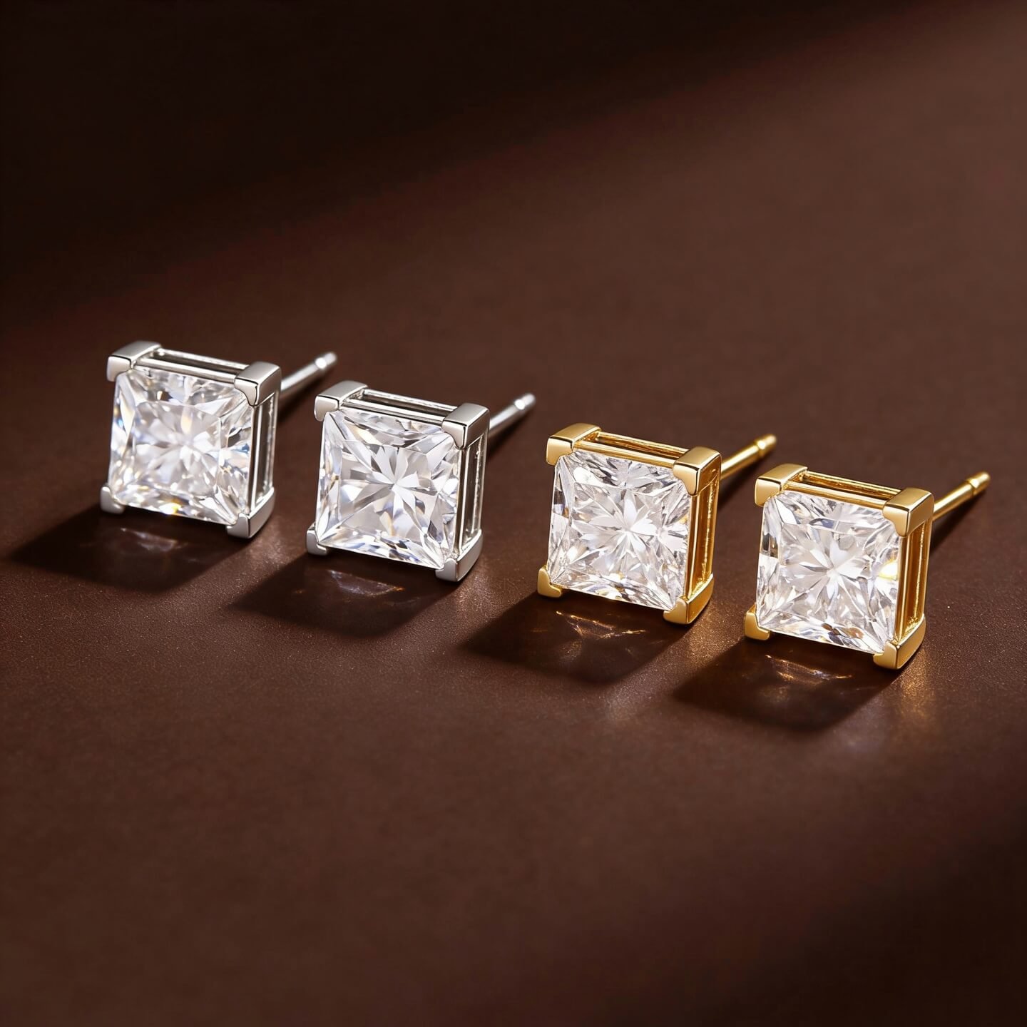 Brincos de pino com diamante de corte princesa cultivado em laboratório.