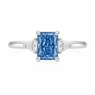 Radiant cut lab grown blue diamond three stones engagement ring
