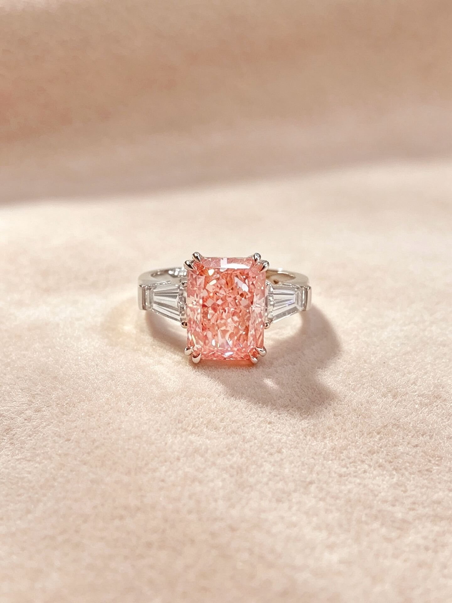 Verlovingsring met drie stenen, gemaakt van in het laboratorium gekweekte roze diamanten met een schitterende slijping. Verlovingsring met drie stenen, gemaakt van in het laboratorium gekweekte roze diamanten met een schitterende slijping.