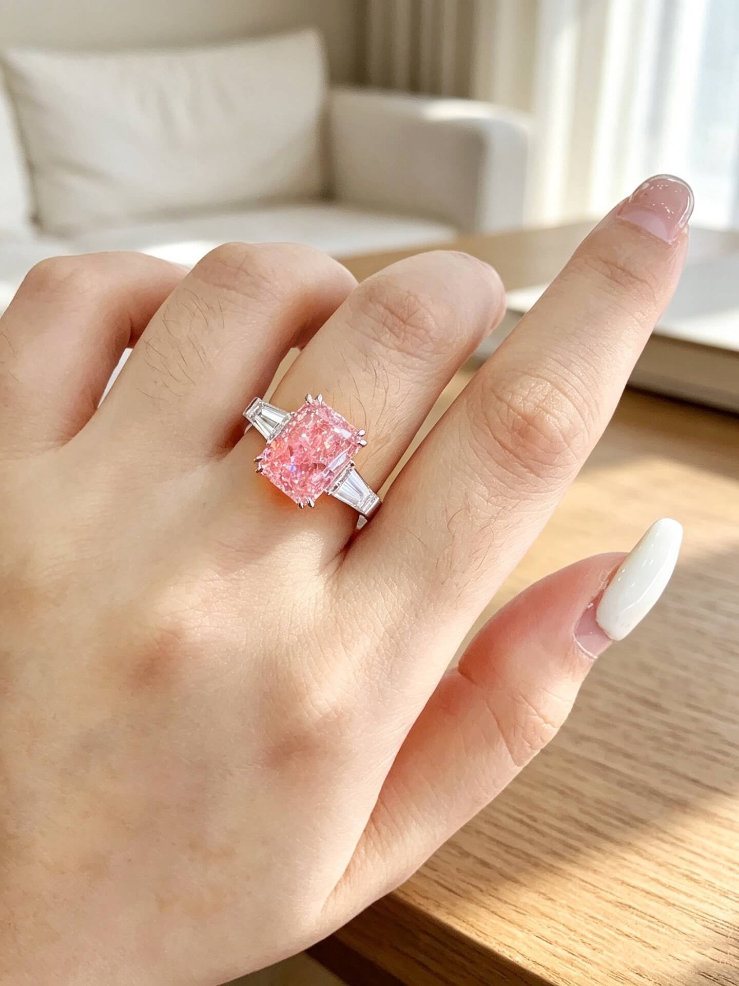 Verlovingsring met drie stenen, gemaakt van in het laboratorium gekweekte roze diamanten met een schitterende slijping. Verlovingsring met drie stenen, gemaakt van in het laboratorium gekweekte roze diamanten met een schitterende slijping.