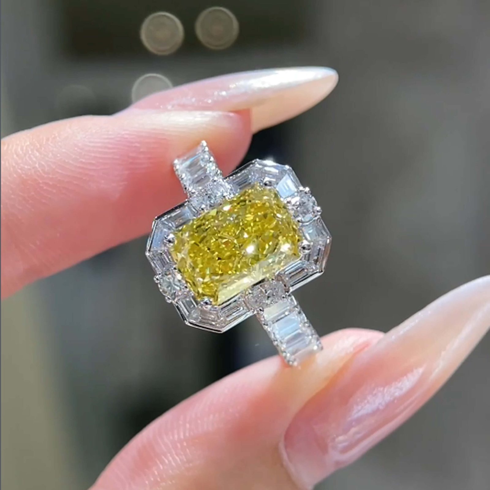 Radiant cut lab grown yellow diamond engagement ring Radiant cut lab grown yellow diamond engagement ring
