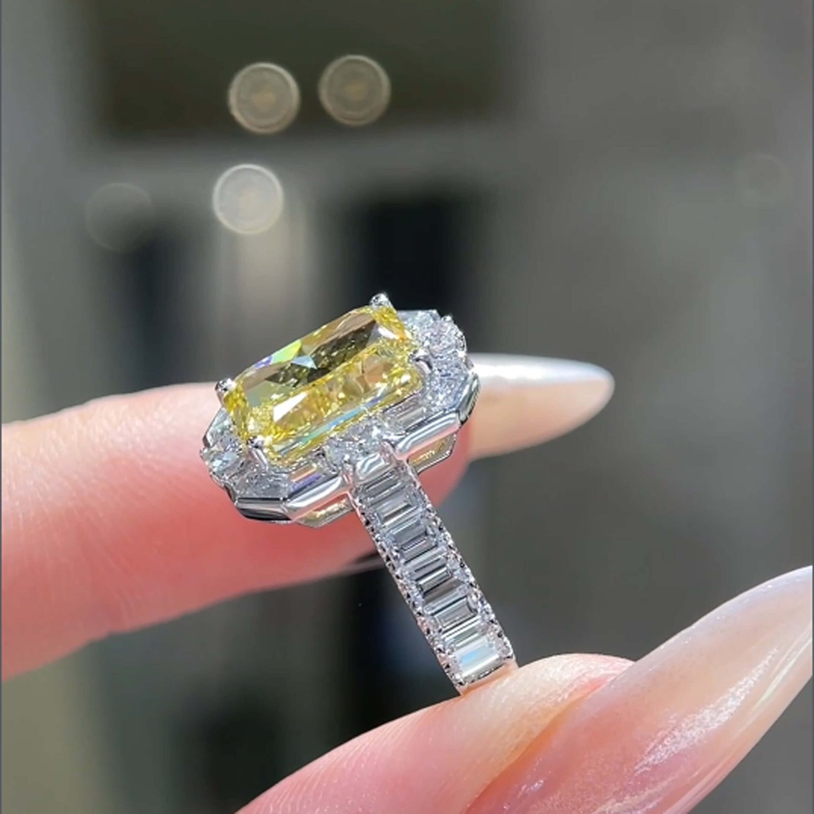 Radiant cut lab grown yellow diamond engagement ring Radiant cut lab grown yellow diamond engagement ring