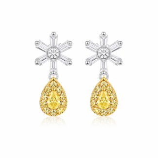 Brincos de pino com design de floco de neve, lapidação em pera, diamante amarelo cultivado em laboratório.