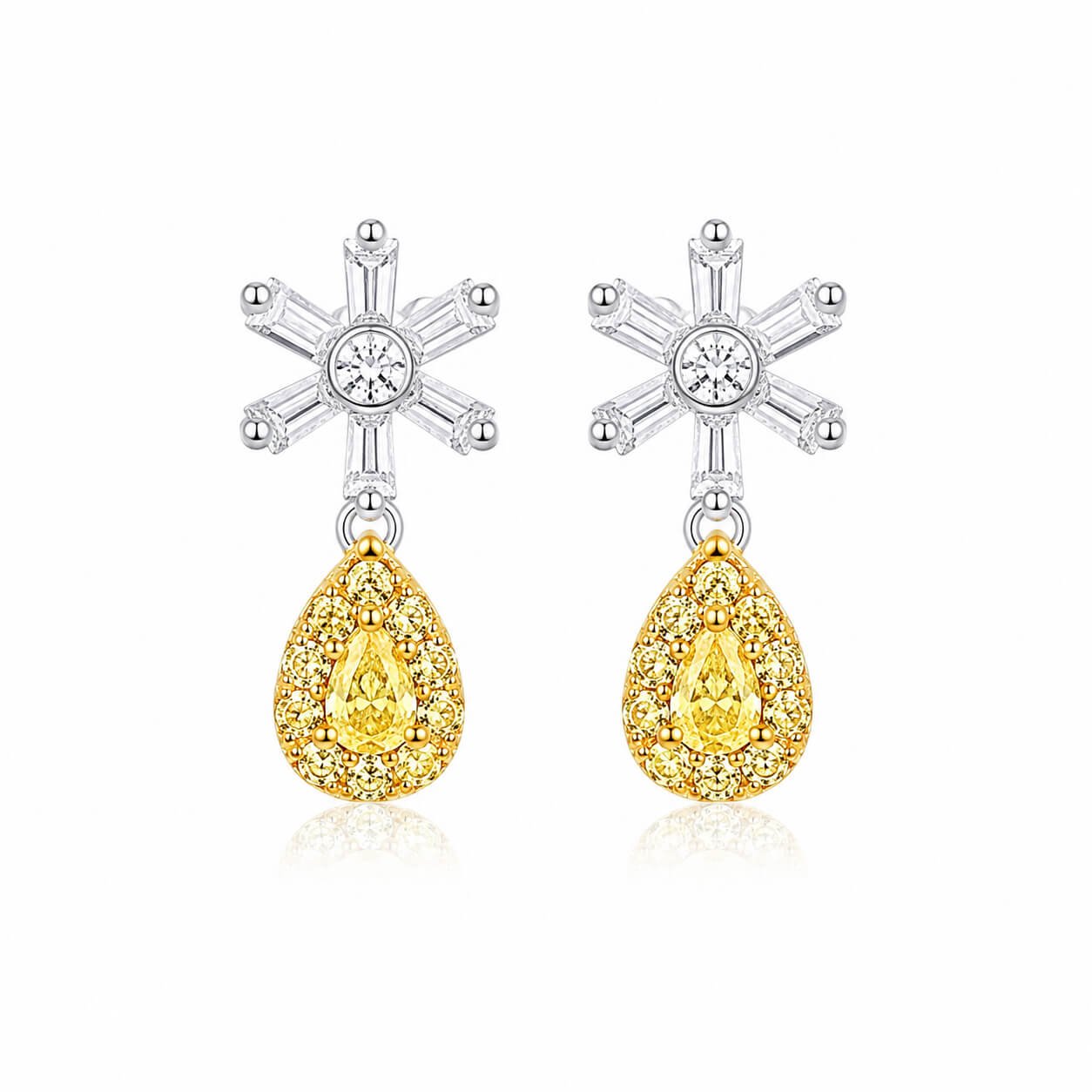 Brincos de pino com design de floco de neve, lapidação em pera, diamante amarelo cultivado em laboratório. Brincos de pino com design de floco de neve, lapidação em pera, diamante amarelo cultivado em laboratório.