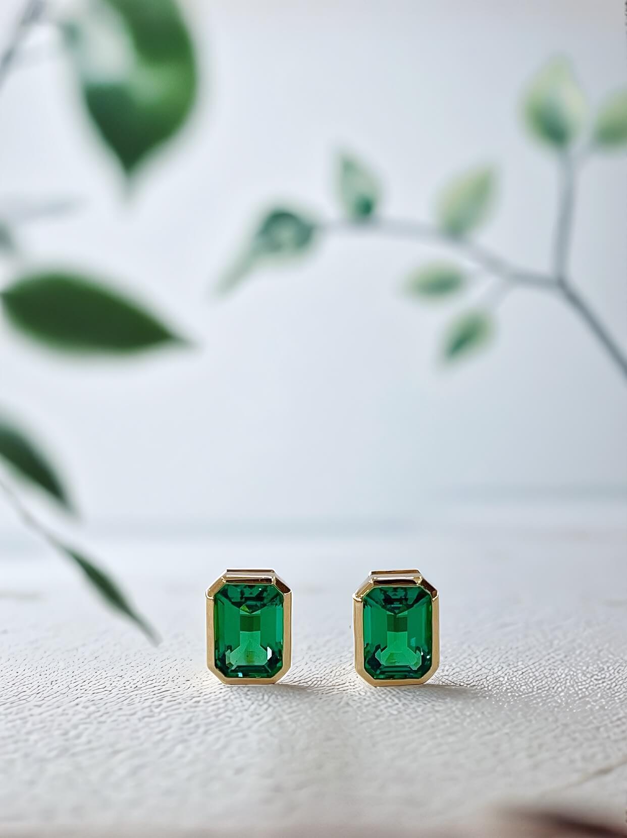 Bezel setting lab grown emerald earrings stud Bezel setting lab grown emerald earrings stud