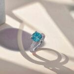 Cushion cut lab grown Paraiba engagement ring