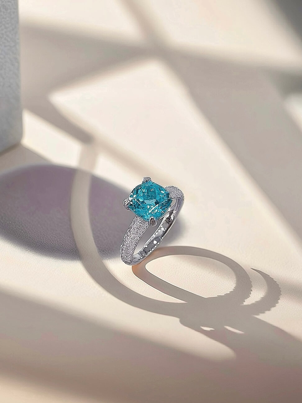 Cushion cut lab grown Paraiba engagement ring