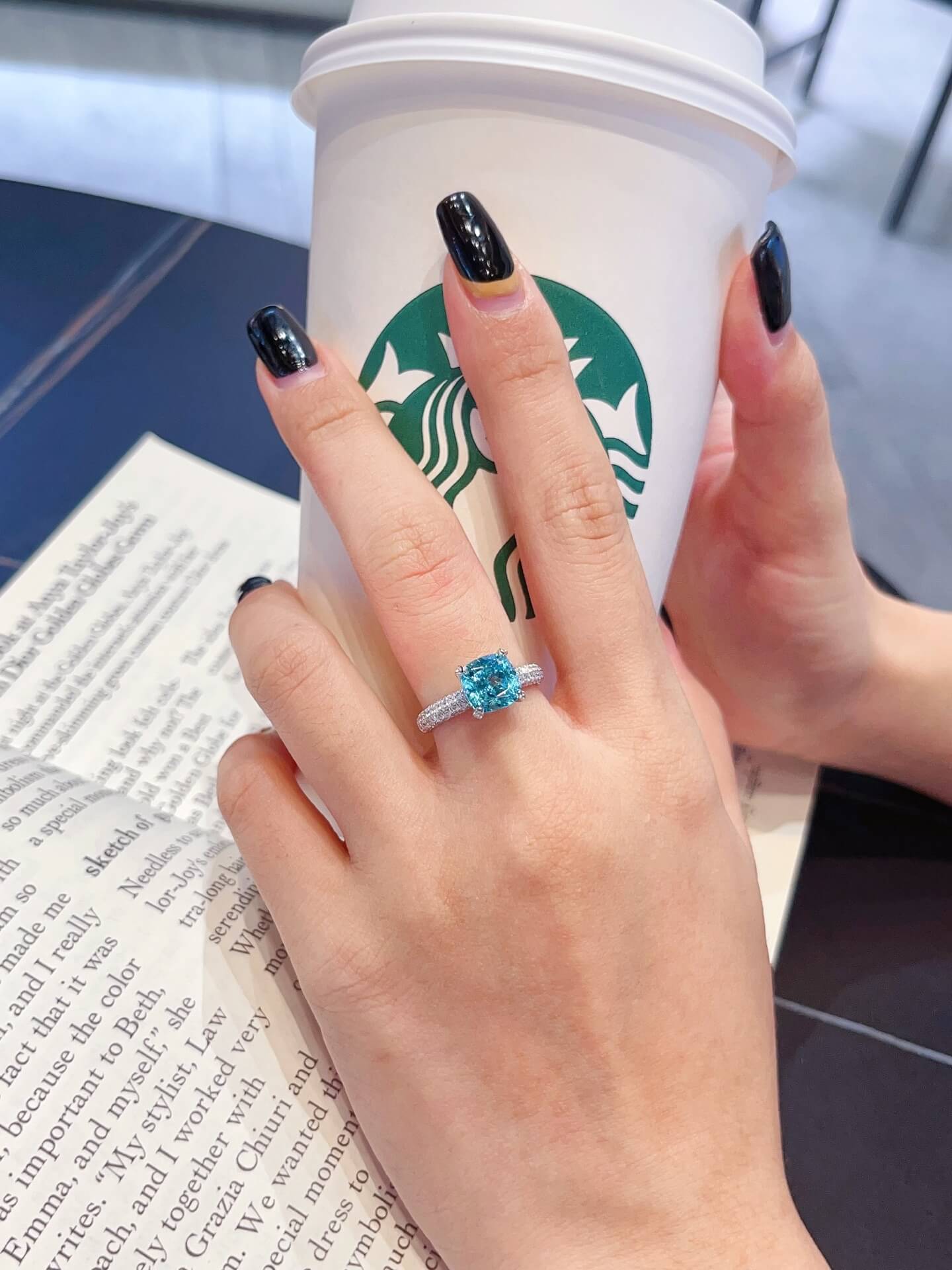 Cushion cut lab grown Paraiba engagement ring