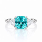 Cushion cut lab grown Paraiba three stones engagement ring