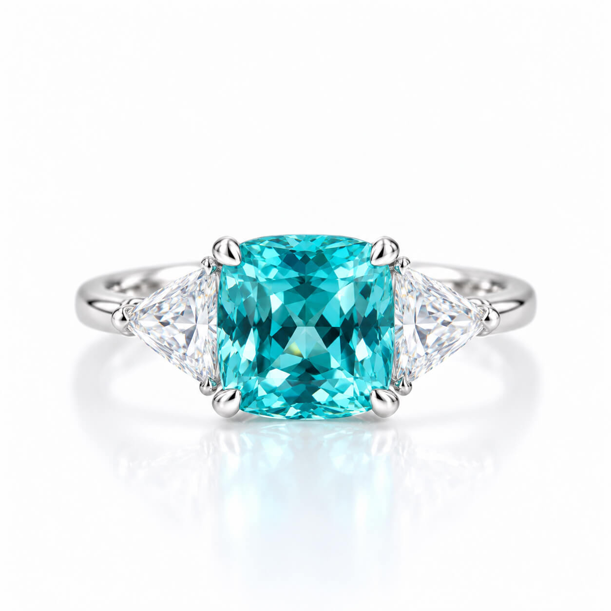 Cushion cut lab grown Paraiba three stones engagement ring