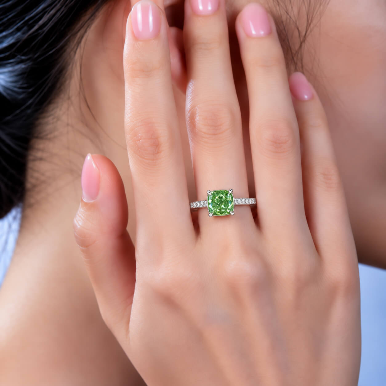 Cushion cut lab grown green diamond engagement ring Cushion cut lab grown green diamond engagement ring