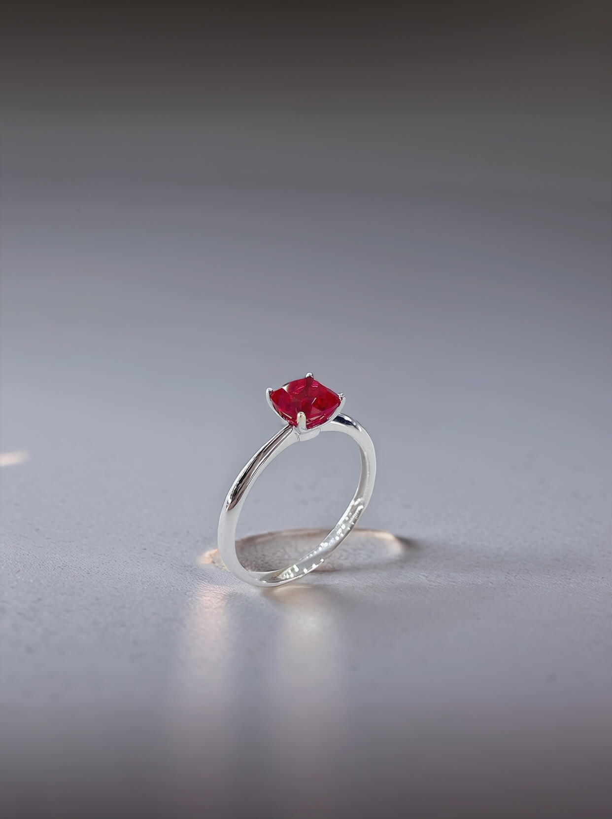 Cushion cut lab grown ruby engagement ring 01