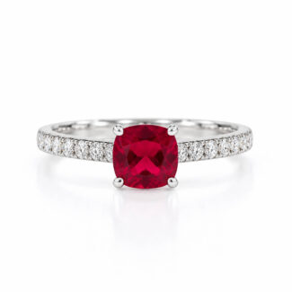 Cushion cut lab grown ruby engagement ring