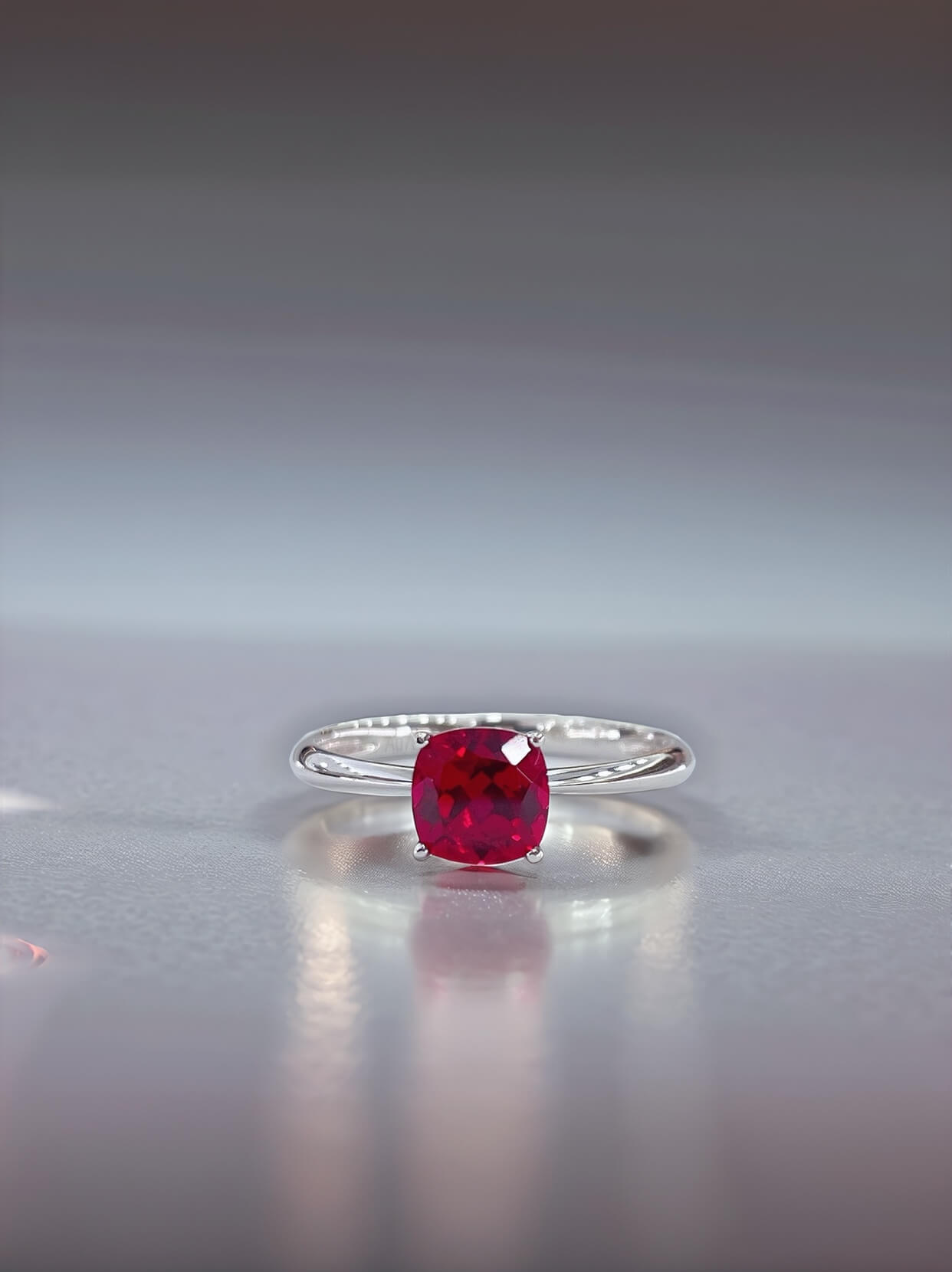 Cushion cut lab grown ruby engagement ring 01