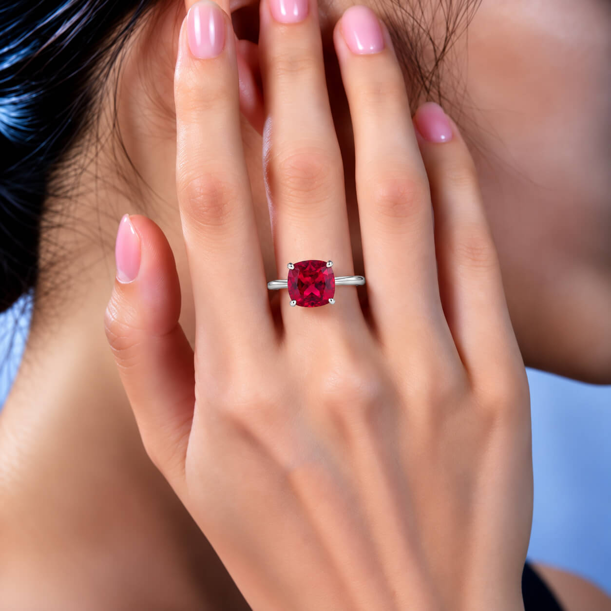 Cushion cut lab grown ruby engagement ring 01
