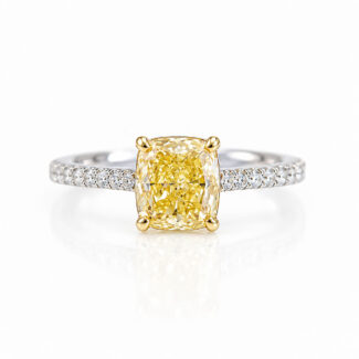 Cushion cut lab grown yellow diamond engagement ring