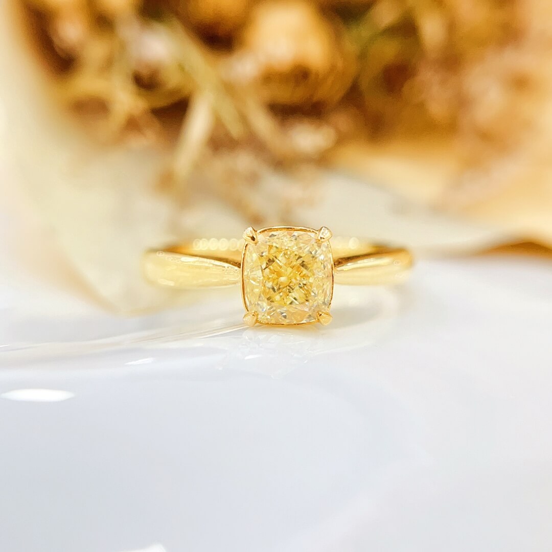 Cushion cut lab grown yellow diamond engagement ring