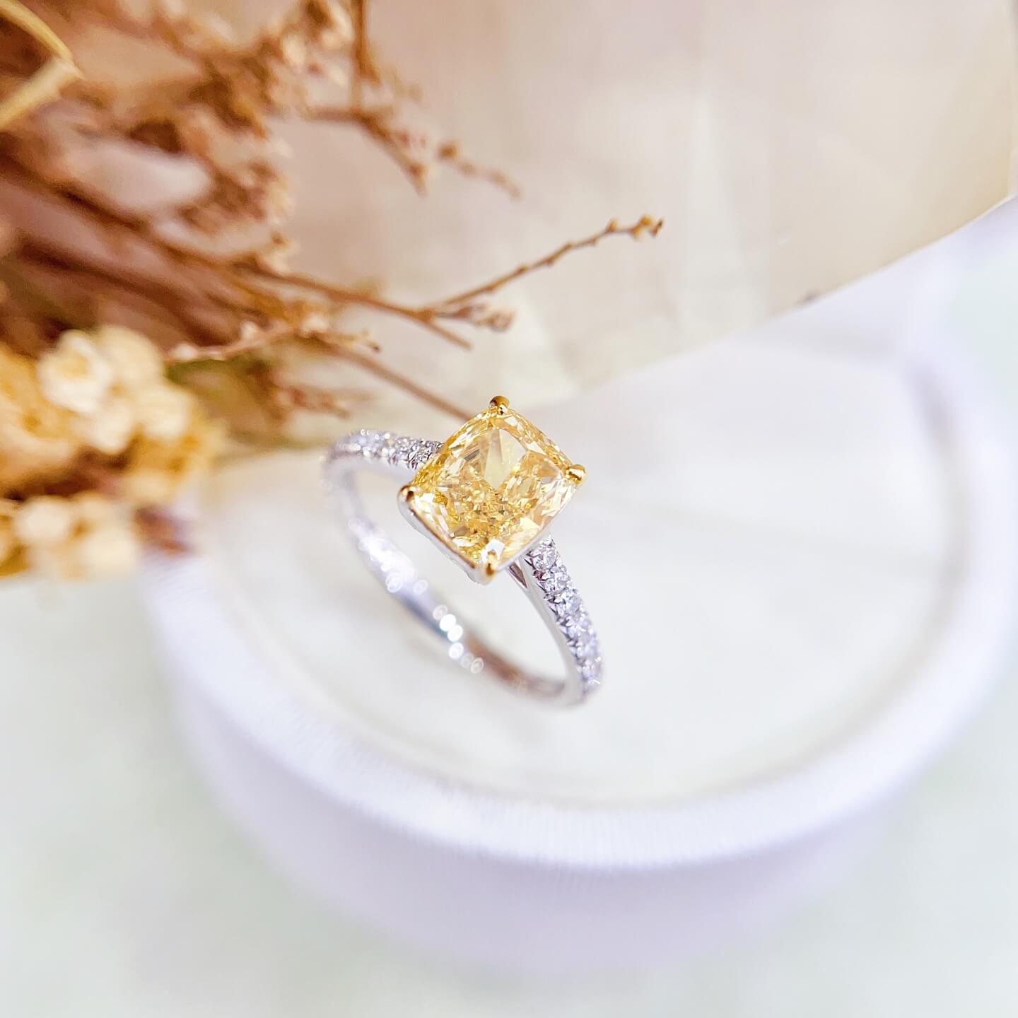 Cushion cut lab grown yellow diamond engagement ring