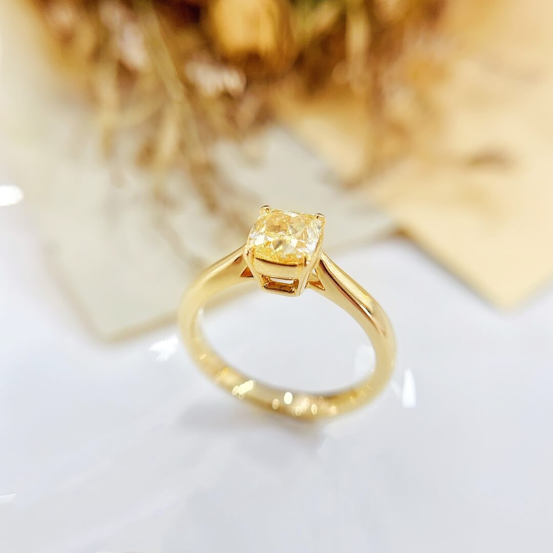 Cushion cut lab grown yellow diamond engagement ring