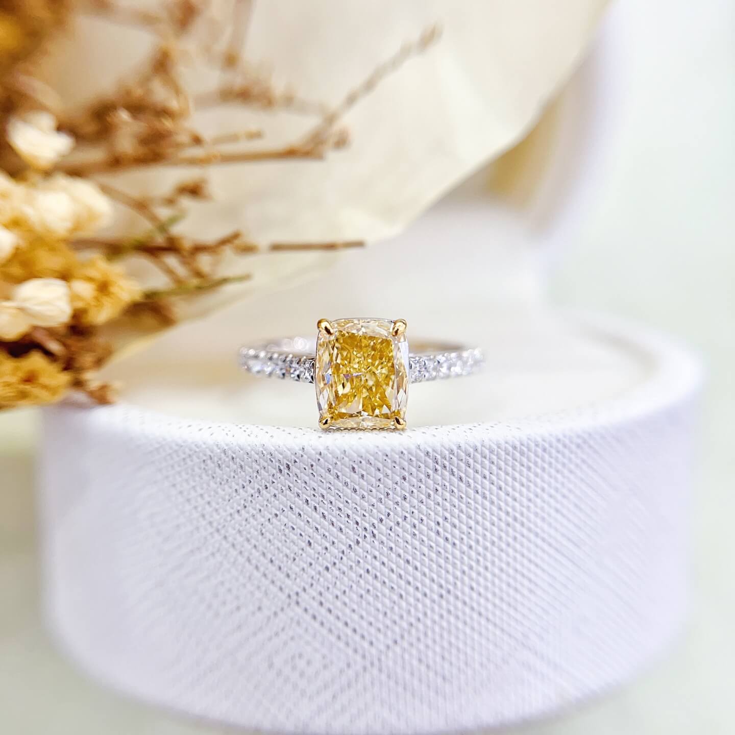 Cushion cut lab grown yellow diamond engagement ring