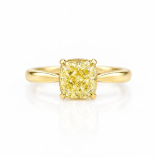 Cushion cut lab grown yellow diamond engagement ring