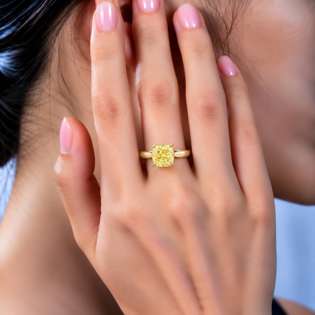 Cushion cut lab grown yellow diamond engagement ring