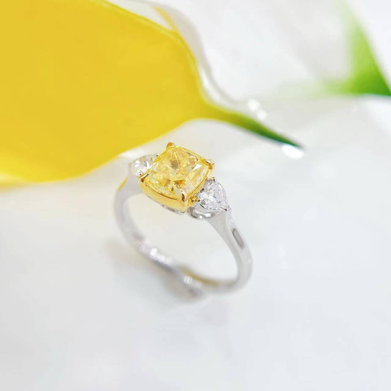 Cushion cut lab grown yellow diamond three stones engagement ring