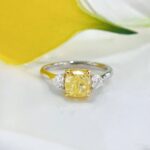 Cushion cut lab grown yellow diamond three stones engagement ring