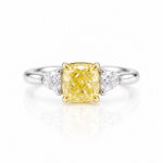 Cushion cut lab grown yellow diamond three stones engagement ring
