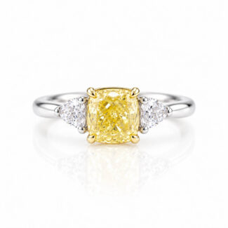 Cushion cut lab grown yellow diamond three stones engagement ring