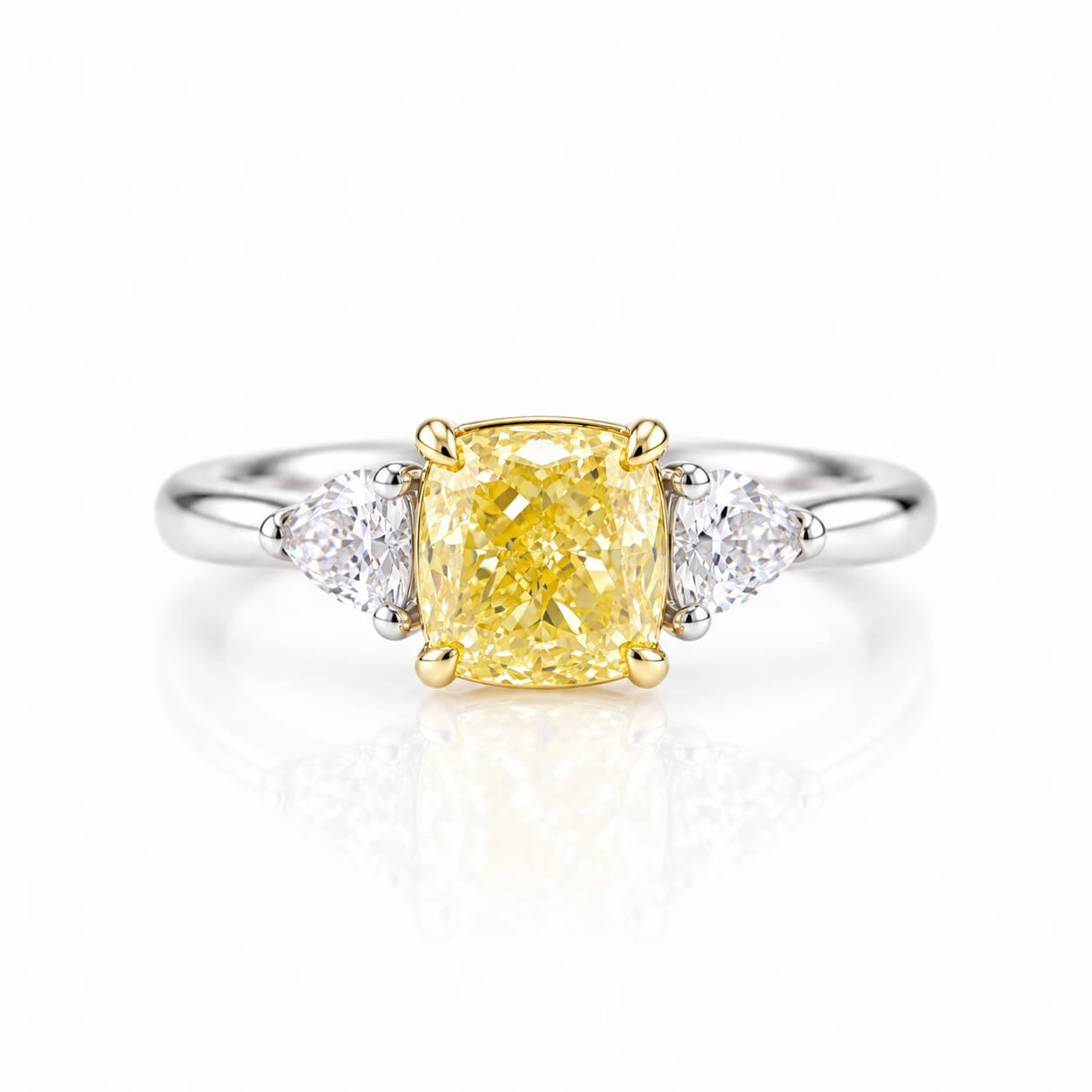 Cushion cut lab grown yellow diamond three stones engagement ring