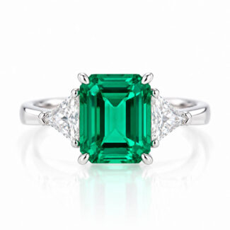 Emerald cut lab grown emerald three stones engagement ring 02