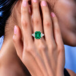 Emerald cut lab grown emerald three stones engagement ring 02