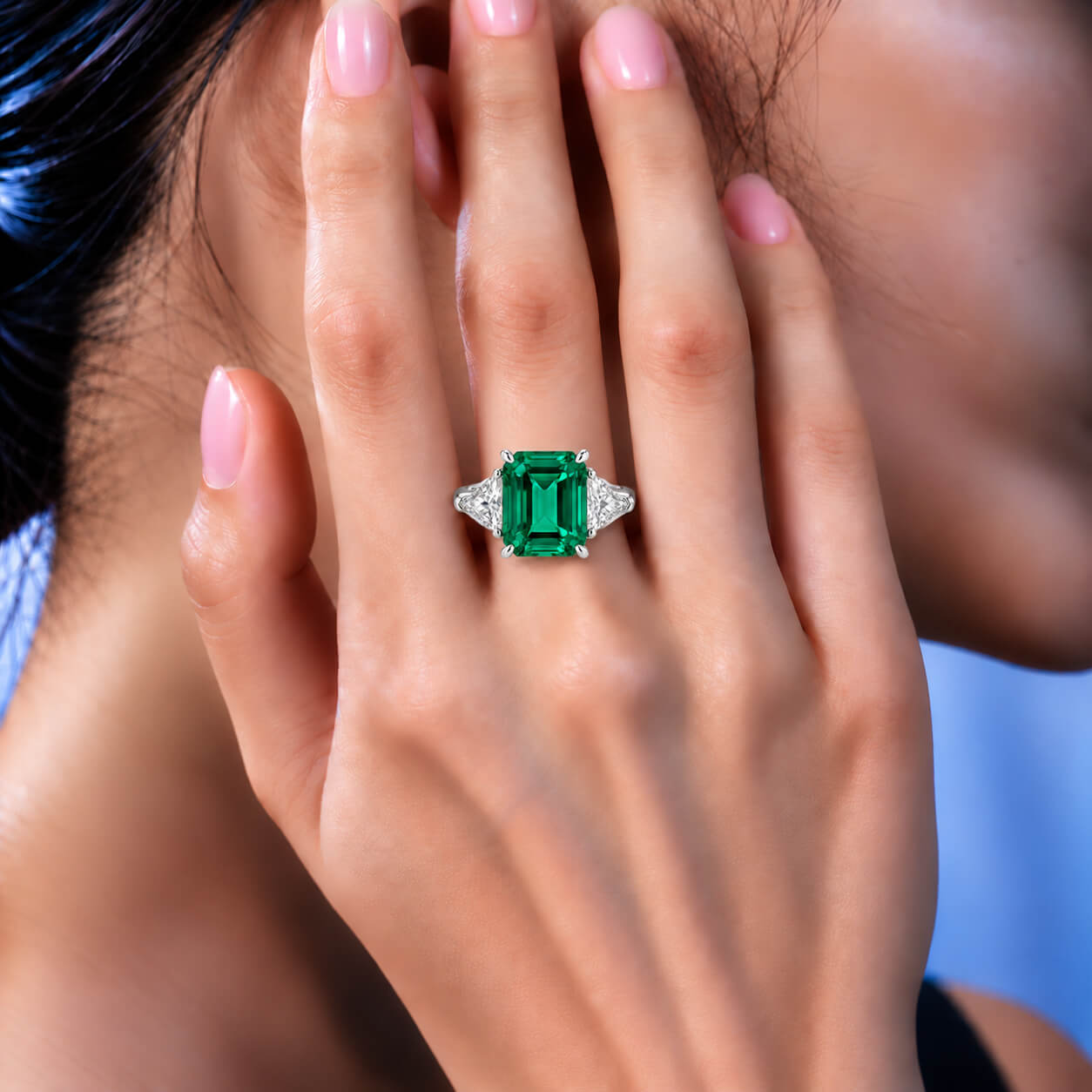 Emerald cut lab grown emerald three stones engagement ring 02