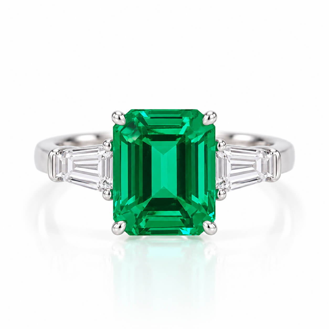 Emerald cut lab grown emerald three stones engagement ring 01