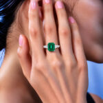 Emerald cut lab grown emerald three stones engagement ring 01